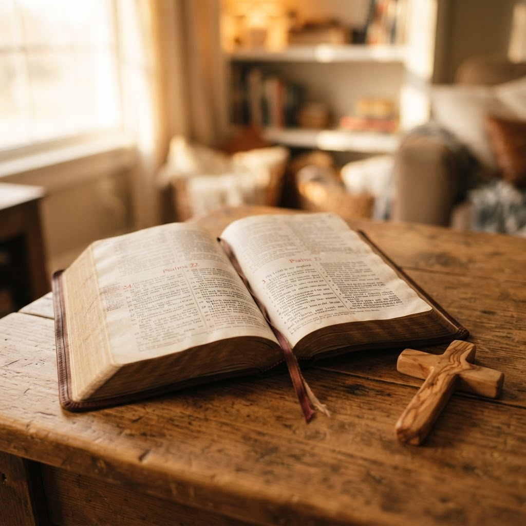 Open Bible with wooden cross in warm light — Anglican Care Statement of Faith