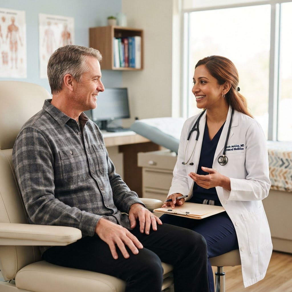 A caring doctor consulting with a patient in a modern medical office