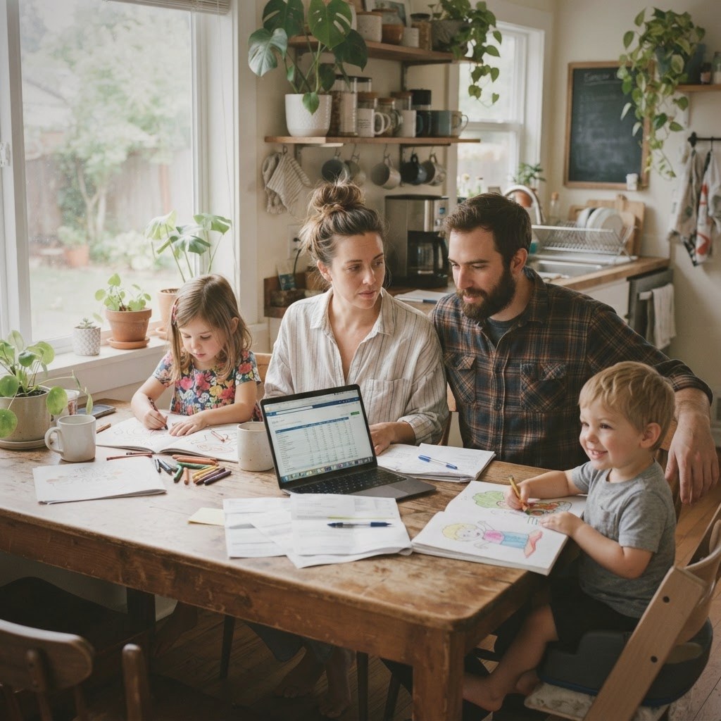 Family reviewing paperwork at kitchen table — how health care sharing works