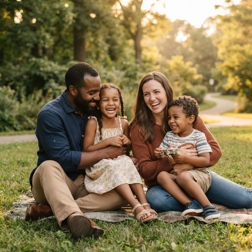 A diverse American family smiling together outdoors