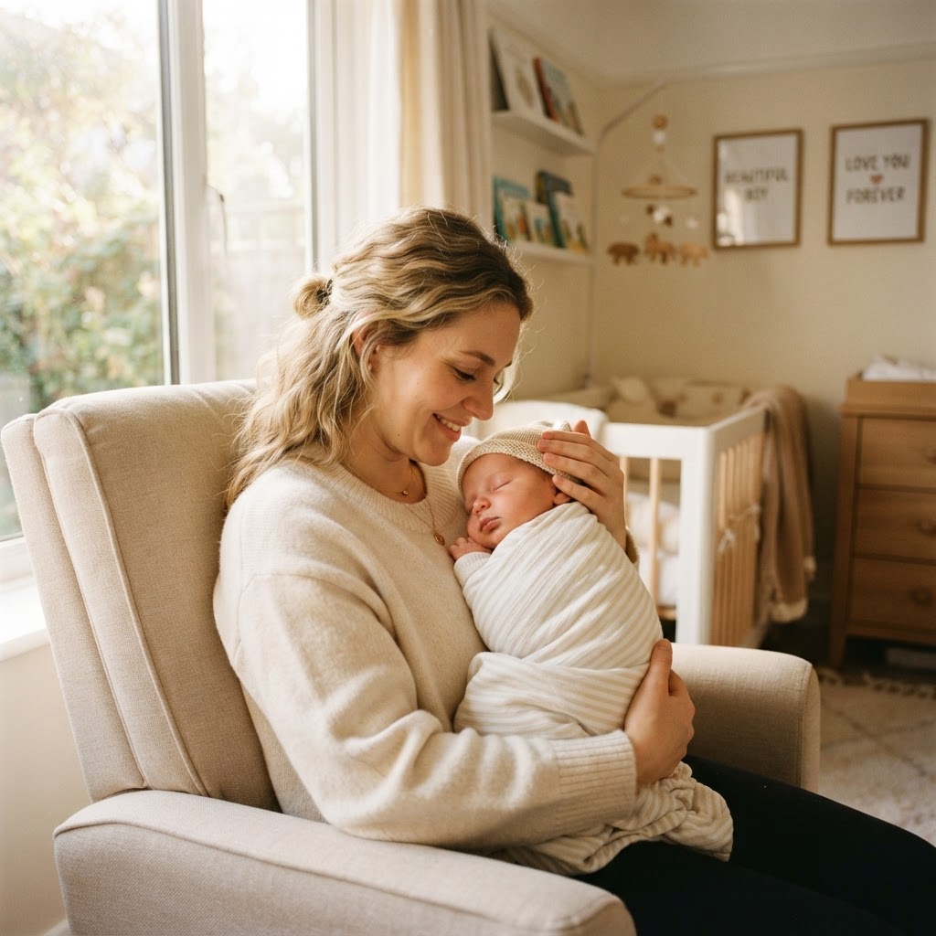 A mother holding her newborn baby in a sunlit nursery