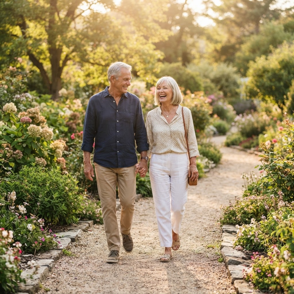 A senior couple enjoying a walk together outdoors